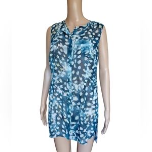 Cabi Womens Sleeveless Blue Floral Long Top Semisheer Half Button Size Small
